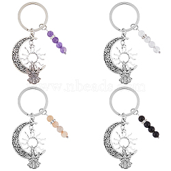 1 Set Gemstone Round Beaded Keychain, with Tibetan Style Alloy Pendant and Iron Findings, Moon & Sun & Angel, Antique Silver, 85mm, 4pcs/set(KEYC-FH0001-42)
