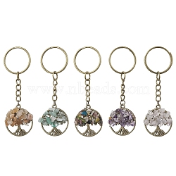 Natural Mixed Gemstone Keychains, with Iron Split Key Rings and Alloy Findings, Flat Round with Tree of Life, 7.9cm(KEYC-JKC00694)