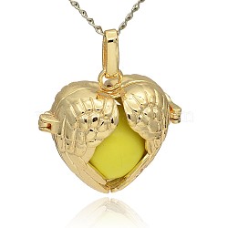 Golden Tone Brass Hollow Heart Cage Pendants, with No Hole Spray Painted Brass Ball Beads, Yellow, 28x30x16mm, Hole: 3x8mm(KK-J241-07G)