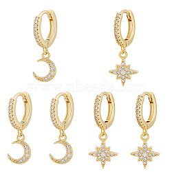 FIBLOOM 3 Pair 3 Style Clear Cubic Zirconia Moon & Star Dangle Hoop Earrings, Brass Asymmetrical Earrings for Women, Golden, 22~23.5mm, Pin: 0.8mm, 1 Pair/style(EJEW-FI0001-39)