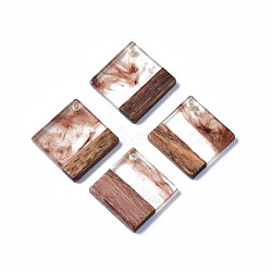 Transparent Resin & Walnut Wood Pendants, Two Tone, Rhombus, Chocolate, 24x24x3mm, Hole: 2mm, Side Length: 17.5mm(RESI-T035-31B)