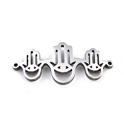 304 Stainless Steel Link Connectors, Laser Cut, Hamsa Hamsa Hand/Hand of Fatima/Hand of Miriam with Eye, Stainless Steel Color, 14x30x1.5mm, Hole: 1mm(STAS-T059-09P)