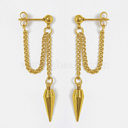 304 Stainless Steel Dangle Stud Earrings, Cone Charm with Curb Chains, Golden, 60mm(WGF9E4F-01)