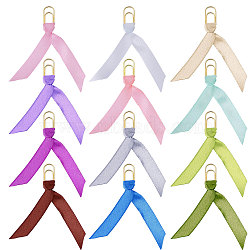 12Pcs Polyester Ribbon Bookmarks, with Carbon Steel Paper Clips, Mixed Color, 70~75mm(AJEW-CA00022)