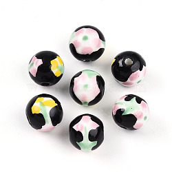 Handmade Porcelain Beads, Hand Painted Ceramic Beads, Famille Rose Porcelain, Round & Flower, Black, 12.5~13mm, Hole: 2.5mm(X1-PORC-N009-05F)