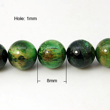 Natural Green Tiger Eye Beads Strands, Dyed & Heated, Round, Green, 8mm