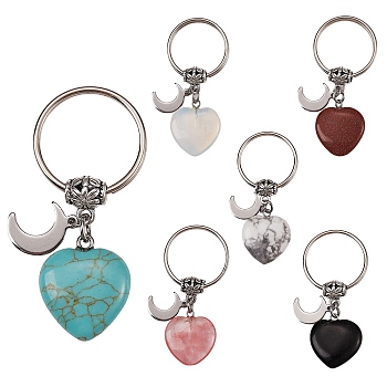 6Pcs 6 Style Synthetic & Natural Gemstone Keychain, with Alloy Tube Bails, 304 Stainless Steel Moon Pendants and Iron Split Key Rings, Heart, 5.5cm, 1pc/style