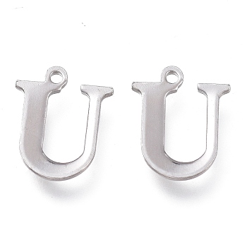 304 Stainless Steel Charms, Laser Cut, Alphabet, Stainless Steel Color, Letter.U, 12x10x0.8mm, Hole: 1mm