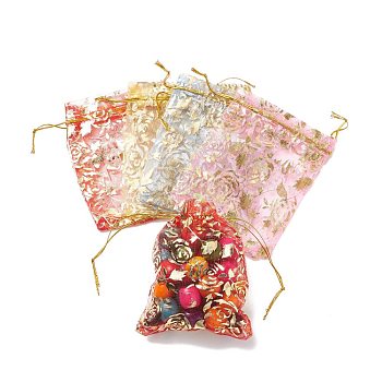 Gold Stamping Rose Flower Rectangle Organza Gift Bags, Jewelry Packing Drawable Pouches, Mixed Color, 12x10cm