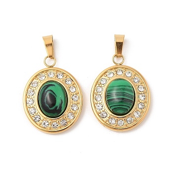 Synthetic Malachite Oval Pendants, 304 Stainless Steel Rhinestone Charms, Ion Platng(IP), Golden, 22.5x17x6.5mm, Hole: 5.5x2.5mm