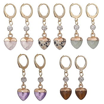 Heart Natural Mixed Gemstone Dangle Leverback Earrings, Golden 304 Stainless Steel Earrings, 37x10mm