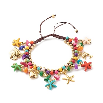 Ocean Animal Theme Braided Bead Bracelet, Synthetic Turquoise(Dyed) & Natural Chip Shell & Glass Beads Bracelet, Starfish & Heart & Dolphin Drop Charm Bracelet for Women, Colorful, Inner Diameter: 2~3.43 inch(5.2~8.7cm)