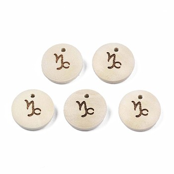 Laser Out Wood Pendants, Flat Round with 12 Constellations, Undyed, Capricorn, 15x4mm, Hole: 1.6mm
