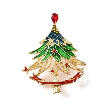 Alloy Rhinestone & Acrylic Christmas Tree Brooch for Women, Golden, 46x36x5mm