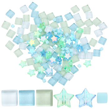 Gradient Color Glass Mosaic Tiles, Square Mosaic Tiles, for DIY Mosaic Art Crafts, Picture Frames and More, with Acrylic Beads, Aquamarine, 4~11x4~10.5x3.5~4.5mm, about 350pcs/bag