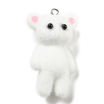 Flocky Opaque Resin Animal Pendants, Bear Charms with Platinum Plated Iron Loops, White, 40~42x22.5x16.5mm, Hole: 1.8mm
