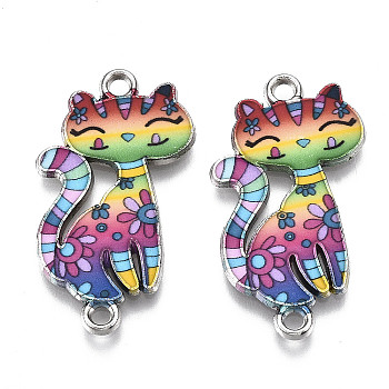 Printed Alloy Kitten Links connectors, with Enamel, Cartoon Cat, Platinum, Colorful, 29.5x16.5x2mm, Hole: 1.8mm