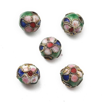 Handmade Cloisonne Beads, Round, Green, 7.8~8x7~7.5mm, Hole: 1.2mm