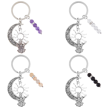 1 Set Gemstone Round Beaded Keychain, with Tibetan Style Alloy Pendant and Iron Findings, Moon & Sun & Angel, Antique Silver, 85mm, 4pcs/set