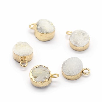 Natural Druzy Quartz Charms, with Brass Findings, Flat Round, Golden, WhiteSmoke, 10~11x7~8x3~9mm, Hole: 2mm