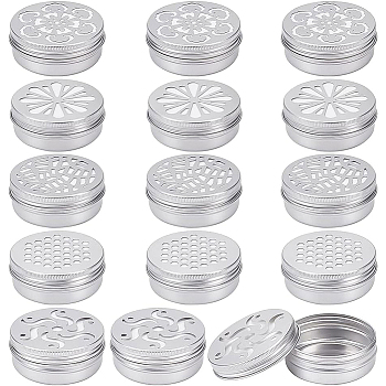 15Pcs 5 Style 60ML Aluminium Shallow Round Candle Tins, with Hollow Lids, Empty Tin Storage Containers, Auspicious Cloud/Hexagon/Spider Web/Lemon/Windmill Pattern, Mixed Patterns, 7.05x2.65cm, Inner Diameter: 6.4x2.4cm, 3pcs/style