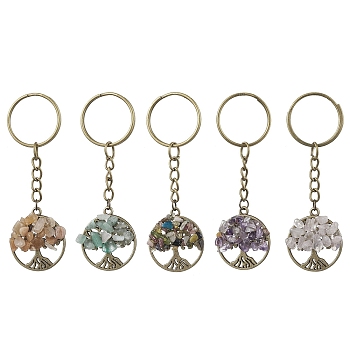 Natural Mixed Gemstone Keychains, with Iron Split Key Rings and Alloy Findings, Flat Round with Tree of Life, 7.9cm