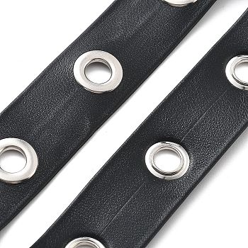 Imitation Leather Herringbone Ribbons with Platinum Plated Brass Eyelets, Eyelet Trim with Grommet, Black, 3/4 inch(20mm)