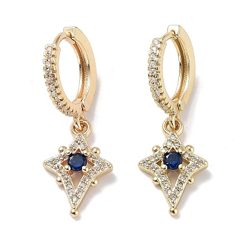 Real 18K Gold Plated Brass Dangle Hoop Earrings, with Cubic Zirconia and Glass, Star, Blue, 30.5x11mm