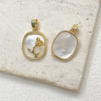 Brass Pave White Shell Oval Pendants, Rose Charms, Golden, 23x13mm