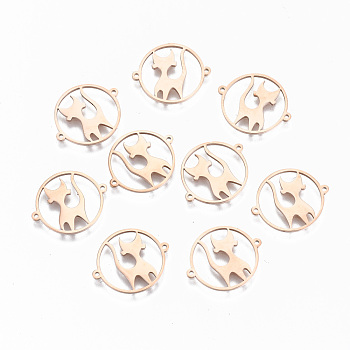 304 Stainless Steel Links Connectors, Laser Cut, Flat Round with Cat, Rose Gold, 15x18x1mm, Hole: 0.8mm