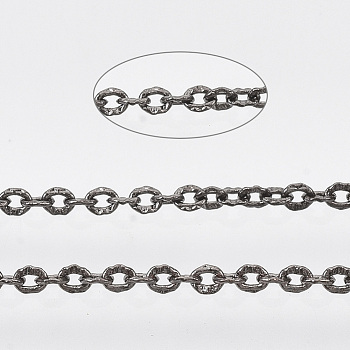 3.28 Feet Brass Cable Chains, Textured, Soldered, Flat Oval, Gunmetal, 2x1.4x0.4mm