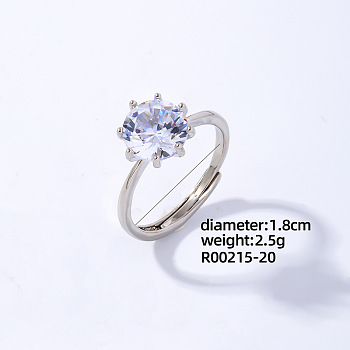 Flat Round Platinum Brass Adjustable Ring with Cubic Zirconia, Inner Diameter: 18mm