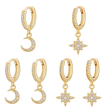 FIBLOOM 3 Pair 3 Style Clear Cubic Zirconia Moon & Star Dangle Hoop Earrings, Brass Asymmetrical Earrings for Women, Golden, 22~23.5mm, Pin: 0.8mm, 1 Pair/style