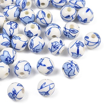 Floral Printed Porcelain Beads, Flower Patterned Ceramic Beads, Round, Cornflower Blue, 10mm, Hole: 3mm
