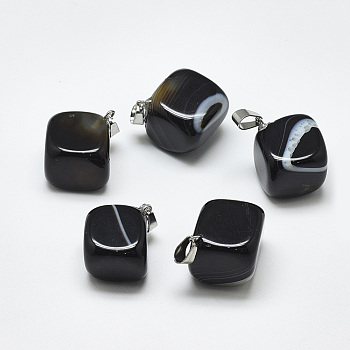 Natural Banded Agate/Striped Agate Pendants, Dyed, with Stainless Steel Snap On Bails, Cube, Stainless Steel Color, Black, 24~29x19~25x17~25mm, Hole: 3~4x7~8.5mm
