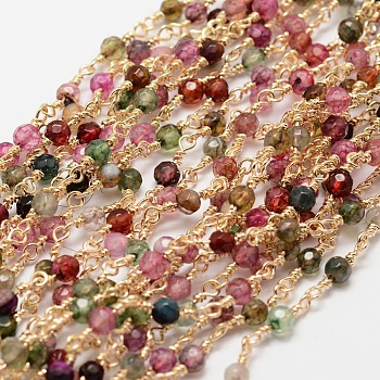 Faceted Round Natural Agate Handmade Beaded Chains, Unwelded, with Golden Brass Findings, Cadmium Free & Nickel Free & Lead Free, Colorful, 14.5x4mm