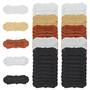 Imitation Leather Labels, Handmade Embossed Tag, with Holes, for DIY Jeans, Bags, Shoes, Hat Accessories, Rectangle with Word Handmade with Love, Mixed Color, 15x40x1mm, Hole: 1.5mm, 5 colors, 20pcs/color, 100pcs/set