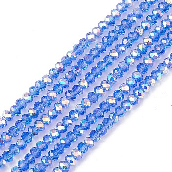 Transparent Electroplate Glass Beads Strands, Faceted, Rondelle, AB Color Plated, Blue, 4~4.5x3~3.5mm, Hole: 0.8mm, about 150~152pcs/strand, 17.91~19.69 inch(45.5~50cm)