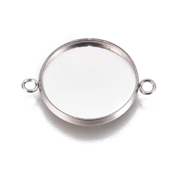 304 Stainless Steel Cabochon Connector Settings, Plain Edge Bezel Cups, Flat Round, Stainless Steel Color, Tray: 16mm, 23.5x17.8x2mm, Hole: 1.8mm