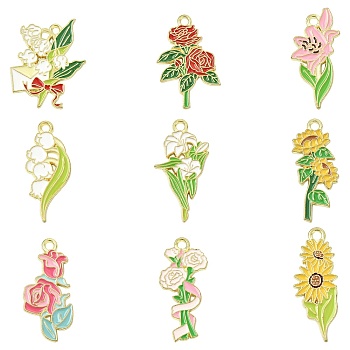 45Pcs 9 Styles Alloy Enamel Pendants, Flower Charm, Golden, Mixed Color, 28.5~34.5x13~11.5x1.5mm, Hole: 2mm, 5pcs/style