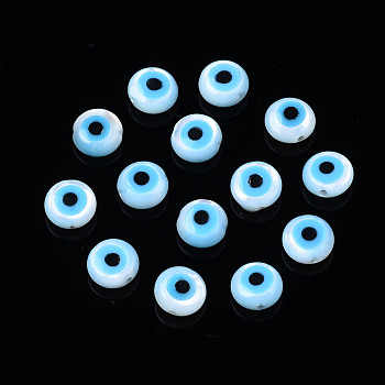 Natural White Shell Mother of Pearl Shell Beads, with Synthetic Turquoise, Evil Eye, Deep Sky Blue, 5x2mm, Hole: 0.7mm