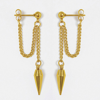 304 Stainless Steel Dangle Stud Earrings, Cone Charm with Curb Chains, Golden, 60mm