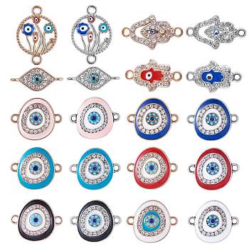 20Pcs Eye Enamel Charm Connector Flat Round Evil Eye Charm Assorted Evil Eye Connector for Jewelry Necklace Bracelet Earring Making Crafts, Platinum & Golden, 20~24x9~14mm