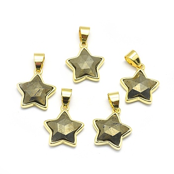 Natural Pyrite Pendants, with Golden Tone Brass Findings, Star, Faceted, 16x14x5mm, Hole: 3.5x5.5mm