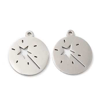 201 Stainless Steel Pendants, Flat Round with Star Charm, Stainless Steel Color, 17.5x15x1mm, Hole: 1.4mm