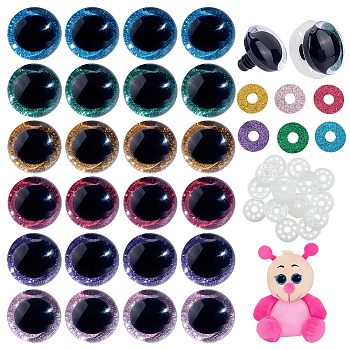 Elite 24 Sets 6 Colors Plastic Doll Eyes, with PET Glitter Powder Finding, Craft Safety Eyes, for Crafts, Crochet Toy and Stuffed Animals, Half Round, Mixed Color, 35x30mm, 4 sets/color