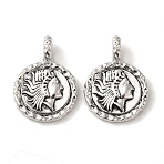 Brass Pendants, Cadmium Free & Nickel Free & Lead Free, Flat Round with Antique Silver Women, Platinum, 27x19x3mm, Hole: 3x5mm(KK-S368-15P)