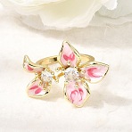 Barss Enamel Cuff Open Rings for Women, Flower, with Rhinestone, Golden, 17mm, Flower: 24x30mm(KK-CBA1C83-01B-G)