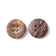 Carved Round 4-hole Basic Sewing Button, Coconut Button, BurlyWood, about 13mm in diameter, about 100pcs/bag(NNA0YXE)