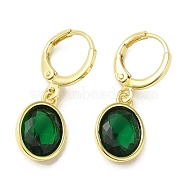 Real 18K Gold Plated Brass Dangle Leverback Earrings, with Oval Glass, Green, 27x10mm(EJEW-L268-001G-03)
